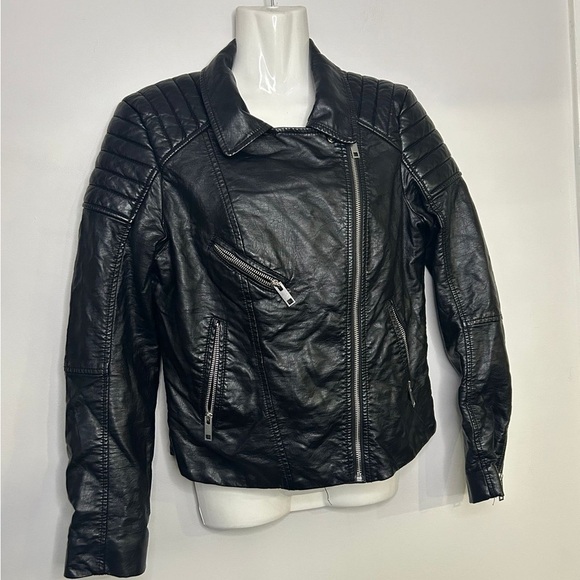 H&M Black Faux Leather Crop Moto Jacket Sz 8 - Picture 7 of 11